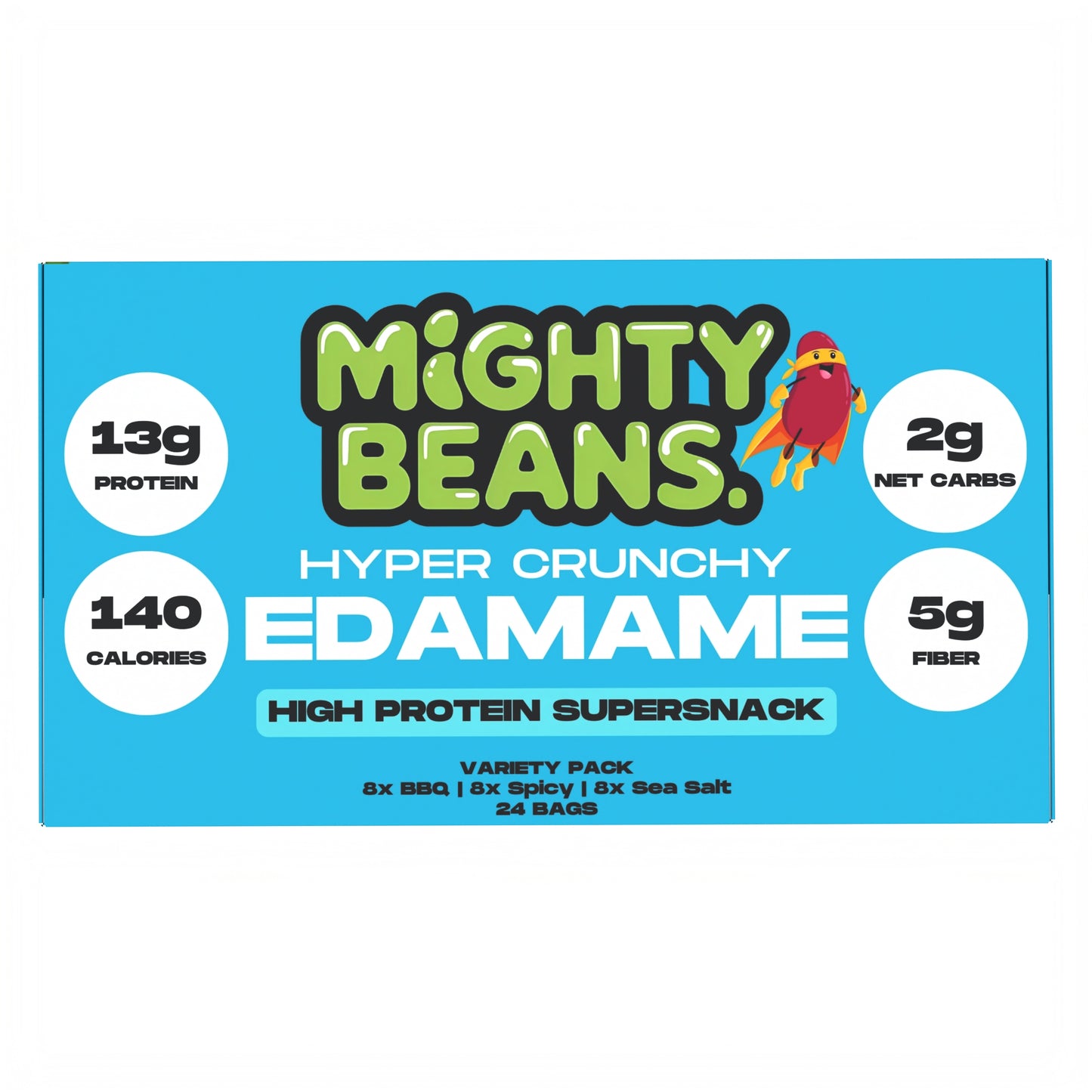 Pack varié d'edamames Mighty Beans - 12 sachets (4 au sel de mer, 4 au barbecue, 4 épicés) - Super collation riche en protéines et faible en glucides