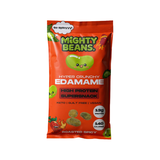 Mighty Beans edamame snack package on a white background